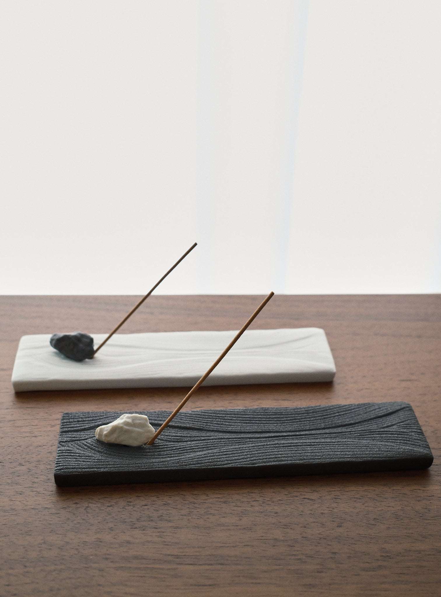 Concrete Incense Holder with Zen Garden pattern in black and white short plates minimalist Japanese design Zen garden inspired Japandi Wabisabi handcrafted quality made incense burner ash catcher for incense sticks