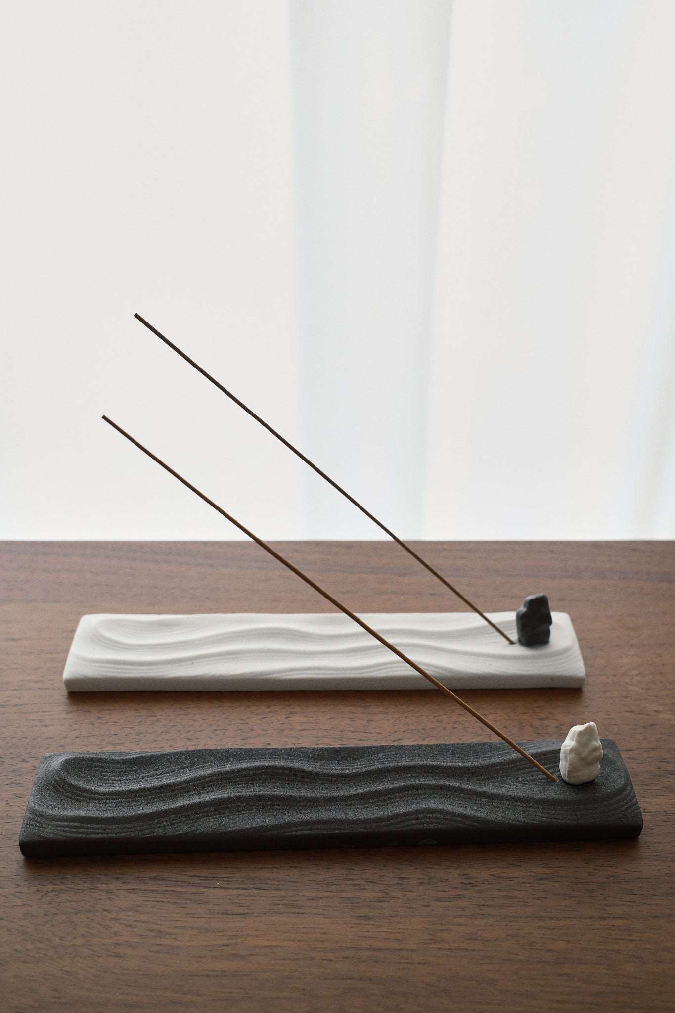 Concrete Incense Holder with Zen Garden pattern in black and white long plates minimalist Japanese design Zen garden inspired Japandi Wabisabi handcrafted quality made incense burner ash catcher for incense sticks