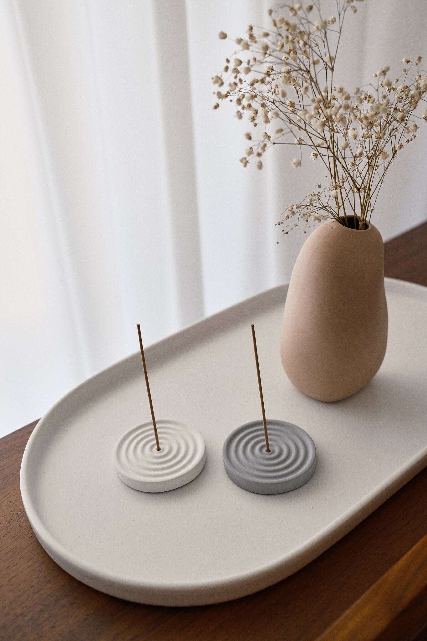 Concrete Incense Holder with Ripple pattern in Grey and White minimalist Japanese design Zen garden inspired lightweight small incense burner ash catcher for incense sticks